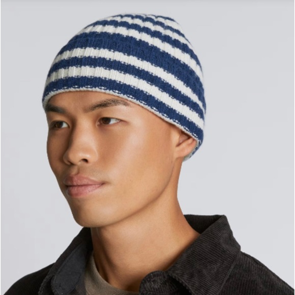 Everlane Beanie Hat Cashmere Wool Navy Cream Striped One Size Men Women Unisex - Picture 2 of 3